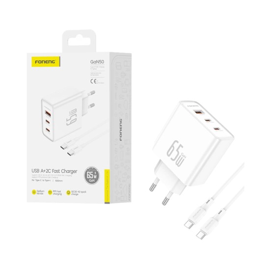 Foneng Charger Gan50-EU 3 Ports 1 USB+ 2 Tipo-C PD 65W with Type-C to Type-C Cable 1M White